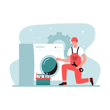 Washing machine repair illustration concept. Illustration for websites, landing pages, mobile apps, posters and banners. Trendy flat vector illustrationのイラスト素材