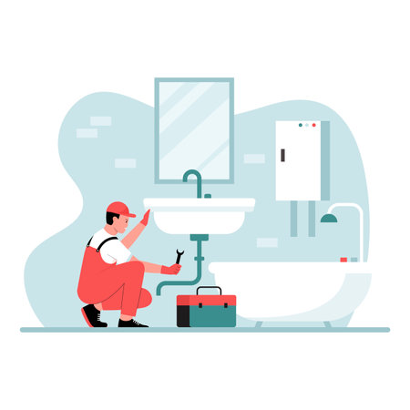 Plumber repairs water illustration concept. Illustration for websites, landing pages, mobile apps, posters and banners. Trendy flat vector illustrationのイラスト素材