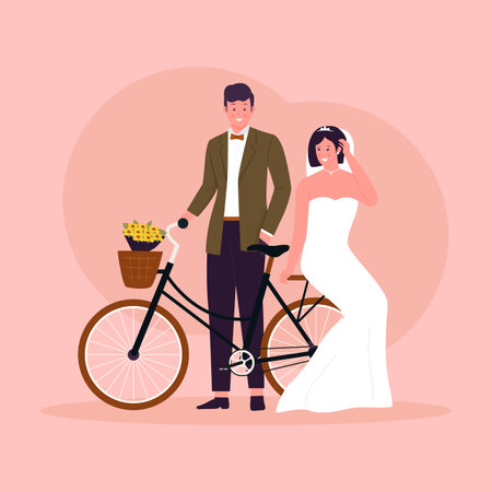 Flat design of wedding couple with bicycle. Illustration for website, landing page, mobile app, poster and banner. Trendy flat vector illustrationのイラスト素材