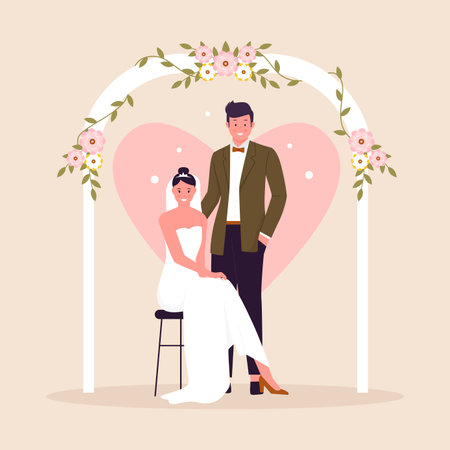 Flat vector people at the wedding. Illustration for website, landing page, mobile app, poster and banner. Trendy flat vector illustrationのイラスト素材