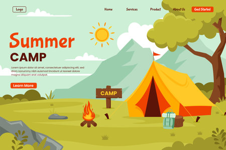Summer camp illustration landing page concept. Illustration for website, landing page, mobile app, poster and banner. Trendy flat vector illustrationのイラスト素材