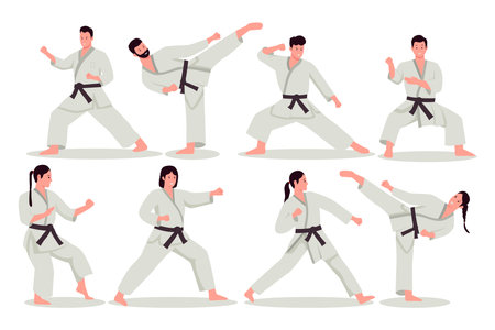 Karate people vector illustration set. Illustration for website, landing page, mobile app, poster and banner. Trendy flat vector illustrationのイラスト素材