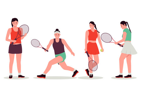 Set of female tennis player vector illustration. Illustration for websites, landing pages, mobile apps, posters and banners. Trendy flat vector illustrationのイラスト素材