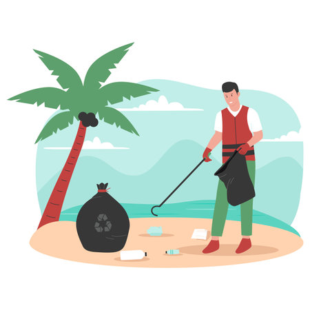 Flat design of beach workers clean up trash on the beach. Illustration for website, landing page, mobile app, poster and banner. Trendy flat vector illustrationのイラスト素材