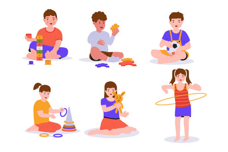 Cute character children playing toys set. Flat vector illustration isolated on white backgroundのイラスト素材