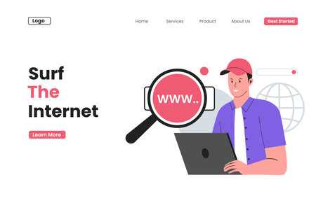 surfing internet landing page. Flat vector illustration isolated on white backgroundのイラスト素材
