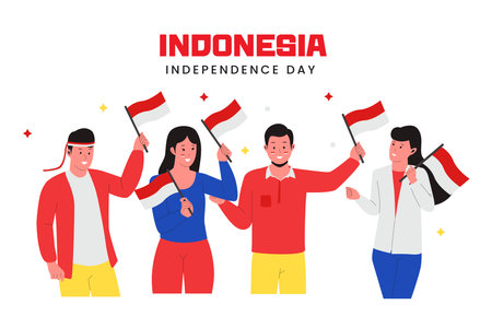 Illustration of peoples holding a flag and celebrate Indonesia independence day. Flat vector illustration isolated on white backgroundのイラスト素材