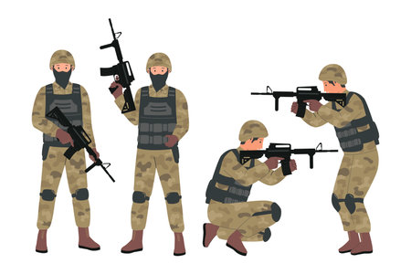 Collection vector of men in military uniform. Fully armed soldiers concept. Flat style collection setのイラスト素材