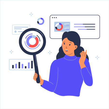 Businesswoman analyst holding magnifying glass analyze graph and chart. Data analysis and statistics. Vector flat illustrationのイラスト素材