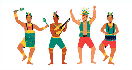 Set collection of male Brazilian samba dancers. Male in carnival costume. Vector flat illustrationのイラスト素材