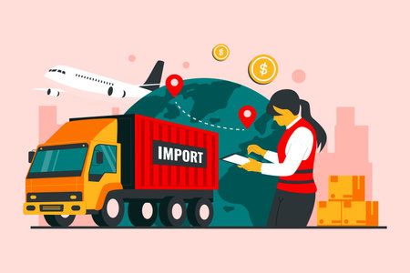 Global logistic distribution service illustration concept. Cargo import logistics business concept. Vector flat illustrationのイラスト素材