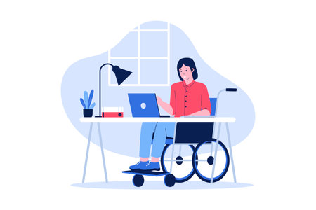 Disabled woman works using a wheelchair. Vector data illustration