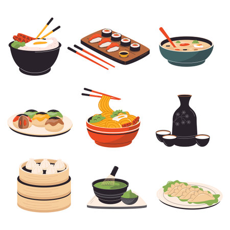 Vector traditional China cuisine dishes, noodle, soup and vegetables, dumplings and sushiのイラスト素材