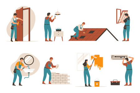 Illustration set of characters repair home. Door Installation, window fixing, plumber repair, painting of the wall, air conditioner service. Flat illustration setのイラスト素材