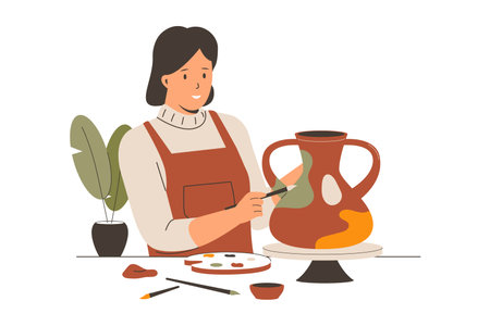 Woman potter makes a ceramic pot. Illustration for websites, landing pages, mobile apps, posters and banners.のイラスト素材
