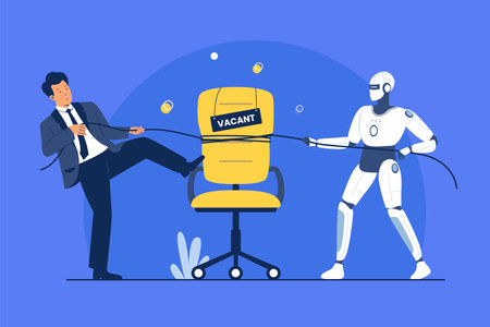 Human Artificial Intelligence and Robots are fighting for job vacancies. Flat vector illustrationのイラスト素材