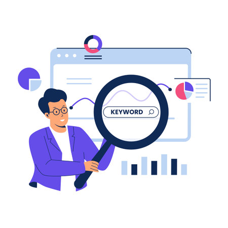 Keyword research illustration concept. Illustration for websites, landing pages, mobile applications, posters and banners. Trendy flat vector illustrationのイラスト素材