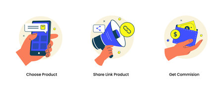 Vector set of affiliate marketing process. Illustrations for websites, landing pages, mobile apps, posters and banners. Trendy flat vector illustrationsのイラスト素材