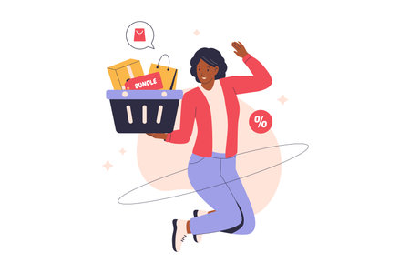 Illustration of happy woman shopping with bundle sale. Illustrations for websites, landing pages, mobile apps, posters and banners. Trendy flat vector illustrationsのイラスト素材