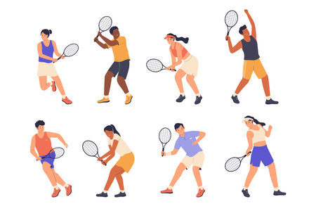 Set illustration of tennis player concept. Athlete characters holding rackets to play tennis. Illustration for website, landing page, mobile app, poster and banner.のイラスト素材