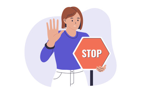 Illustration of a woman holding stop sign. Illustrations for websites, landing pages, mobile apps, posters and bannersのイラスト素材