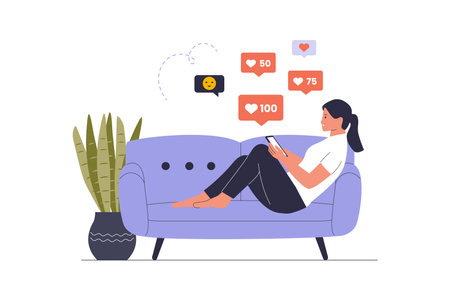 Illustration of a Person Addicted to Social Media and Gadgets. Illustrations for websites, landing pages, mobile apps, posters and bannersのイラスト素材