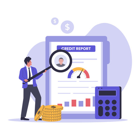Credit Report Checking Illustration. Financial Analysis, Credit Score Review, and Banking Assessment. Illustrations for websites, landing pages, mobile apps, postersのイラスト素材