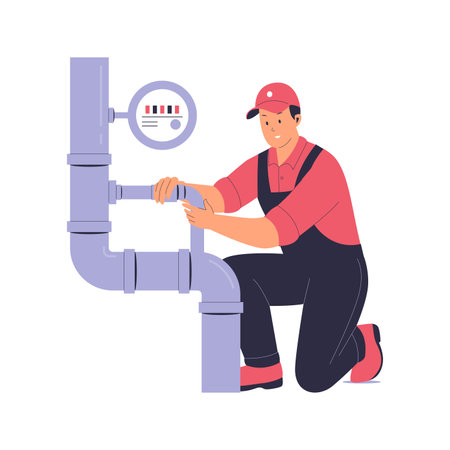 Illustration of a Plumber Fixing Pipes with a Pressure Gauge. Illustration for website, landing page, mobile app, poster and banner. Trendy flat vector illustrationのイラスト素材