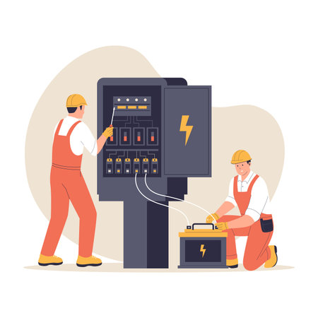 Electricians Repairing Electrical Panel and Battery. Illustrations for websites, landing pages, mobile apps, posters and bannersのイラスト素材