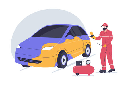 Car Spray Painting in Auto Body Workshop. Illustration for websites, landing pages, mobile apps, posters and bannersのイラスト素材