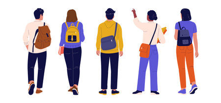 Set Illustration of College Students Back View with Backpacks. Illustrations for websites, landing pages, mobile apps, posters and bannersのイラスト素材