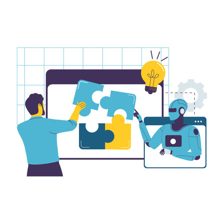Flat Illustration of Human and AI Robot Collaborating to Solve a Problem Together. Illustrations for websites, landing pages, mobile apps, posters and bannersのイラスト素材