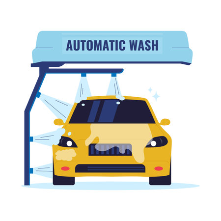 Flat Vector Illustration of Automatic Car Wash System with Yellow Vehicle. Illustrations for websites, landing pages, mobile apps, posters and bannersのイラスト素材