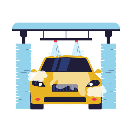 Flat Vector Illustration of a Car in Automatic Car Wash Tunnel with Water Sprayers. Illustrations for websites, landing pages, mobile apps, posters and bannersのイラスト素材