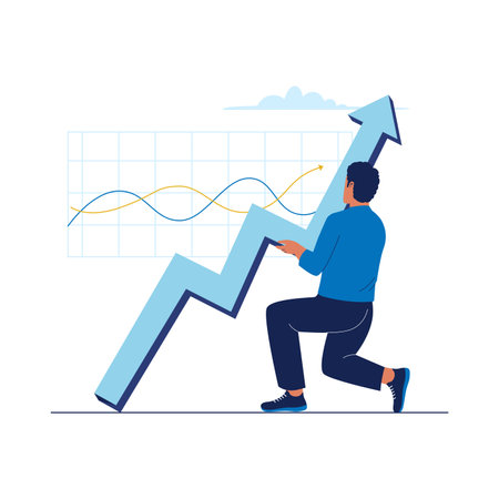 Business Growth with Man Holding Up Arrow Graph and Data Chart Illustration. Illustrations for websites, landing pages, mobile apps, posters and bannersのイラスト素材