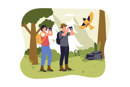 Flat Vector Illustration of Birdwatching in Nature. Illustrations for websites, landing pages, mobile apps, posters and bannersのイラスト素材
