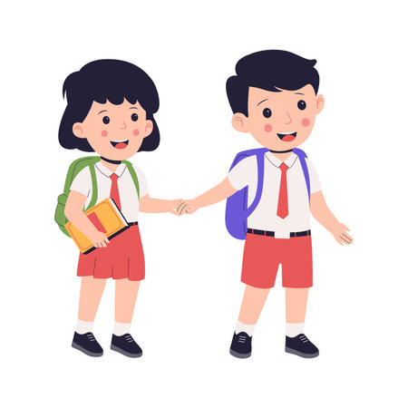 Flat Vector Illustration of Two School Students Holding Hands and Smiling in Uniform. Illustrations for websites, landing pages, mobile apps, posters and bannersのイラスト素材
