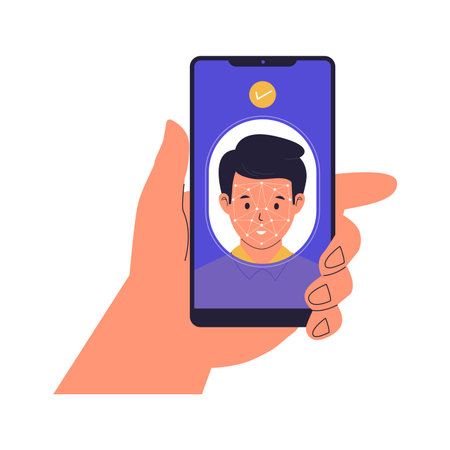 Flat Vector Illustration of Face Scanner and Facial Recognition on Smartphone. Illustrations for websites, landing pages, mobile apps, posters and bannersのイラスト素材