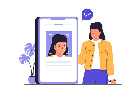 Flat Vector Illustration of Facial Recognition and Face Scanner with Mobile App. Illustrations for websites, landing pages, mobile apps, posters and bannersのイラスト素材