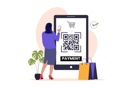 Woman Using QR Code for Contactless Payment on Digital Screen. Illustrations for websites, landing pages, mobile apps, posters and bannersのイラスト素材