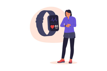 Woman Using Smart Fitness Watch. Heart Rate Monitoring Wearable Device Illustration. Illustrations for websites, landing pages, mobile apps, posters and bannersのイラスト素材