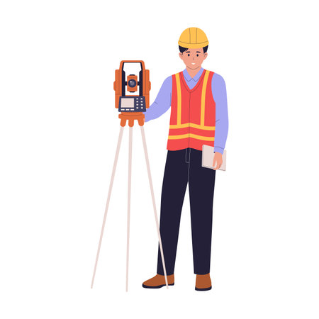 Male Surveyor with Theodolite and Staff Illustration. Land Measurement. Illustrations for websites, landing pages, mobile apps, posters and bannersのイラスト素材
