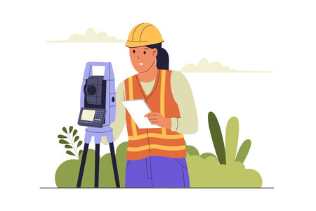 Female Surveyor at Work with Theodolite Illustration. Illustrations for websites, landing pages, mobile apps, posters and bannersのイラスト素材