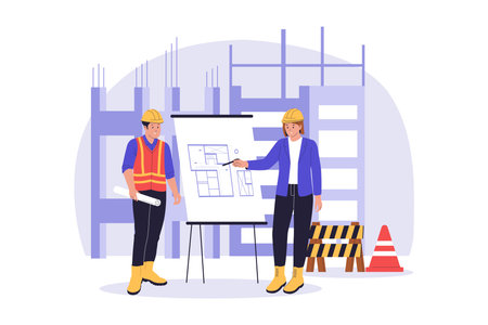 Construction Engineers Discussing Blueprint Illustration. Site Planning. Vector Flat Illustrationのイラスト素材