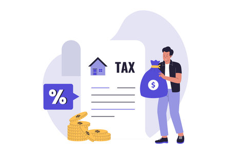 Man Paying Property Tax and Managing Finances Illustration. Vector Flat Illustrationのイラスト素材