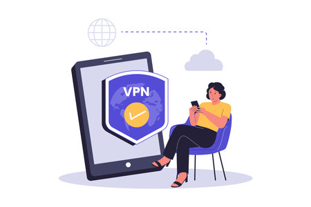 Woman Using VPN on Smartphone for Online Privacy Illustration. Vector Flat Illustrationのイラスト素材