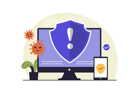 Cybersecurity and Antivirus Protection for Devices Illustration. Vector Flat Illustrationのイラスト素材
