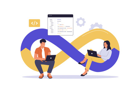 DevOps Team Collaboration and Continuous Integration. Vector Flat Illustrationのイラスト素材