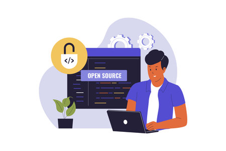 Man Working on Open Source Software Development. Vector Flat Illustrationのイラスト素材