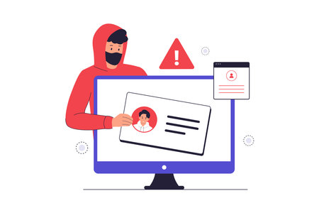 Identity Theft and Personal Data Breach Illustration. A Hacker Stealing a User's Identity, Highlighting Cybersecurity Threats and Data Fraud. Vector Flat Illustrationのイラスト素材